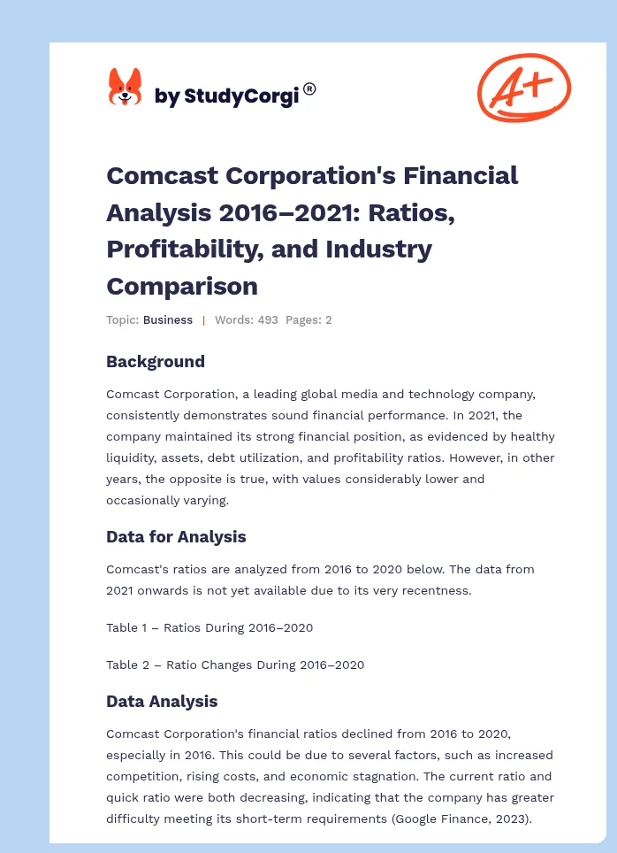 Comcast Corporation's Financial Analysis 2016–2021: Ratios, Profitability, and Industry Comparison. Page 1