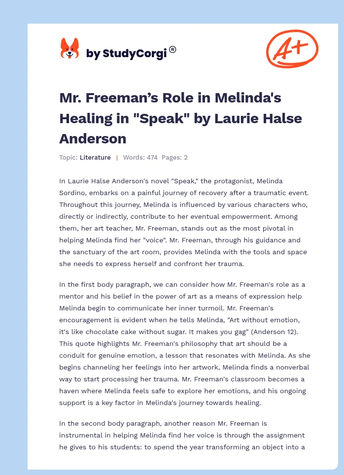 Mr. Freeman’s Role in Melinda's Healing in "Speak" by Laurie Halse Anderson. Page 1