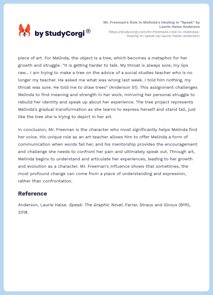 Mr. Freeman’s Role in Melinda's Healing in "Speak" by Laurie Halse Anderson. Page 2