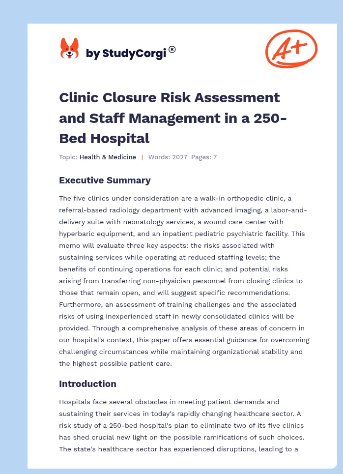 Clinic Closure Risk Assessment and Staff Management in a 250-Bed Hospital. Page 1