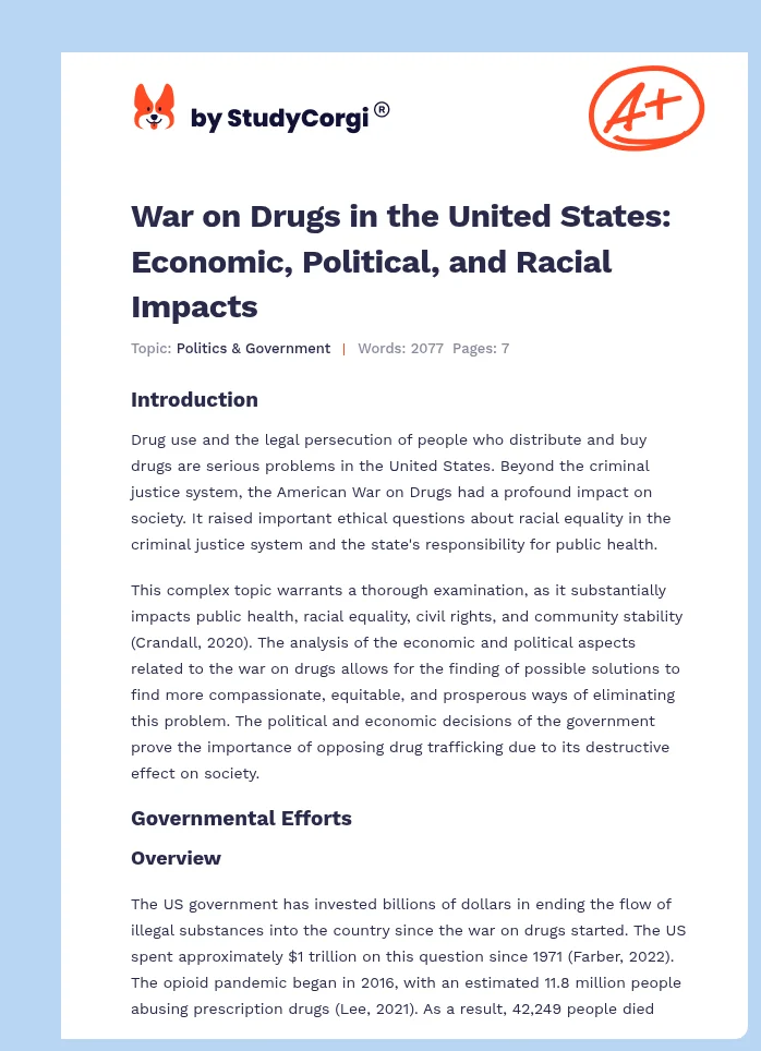 War on Drugs in the United States: Economic, Political, and Racial Impacts. Page 1