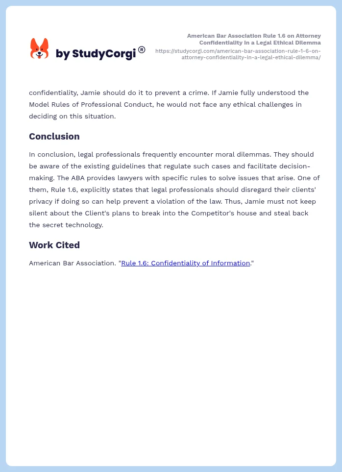 American Bar Association Rule 1.6 on Attorney Confidentiality in a Legal Ethical Dilemma. Page 2