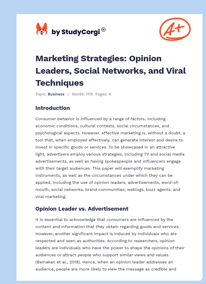 Marketing Strategies: Opinion Leaders, Social Networks, and Viral Techniques. Page 1