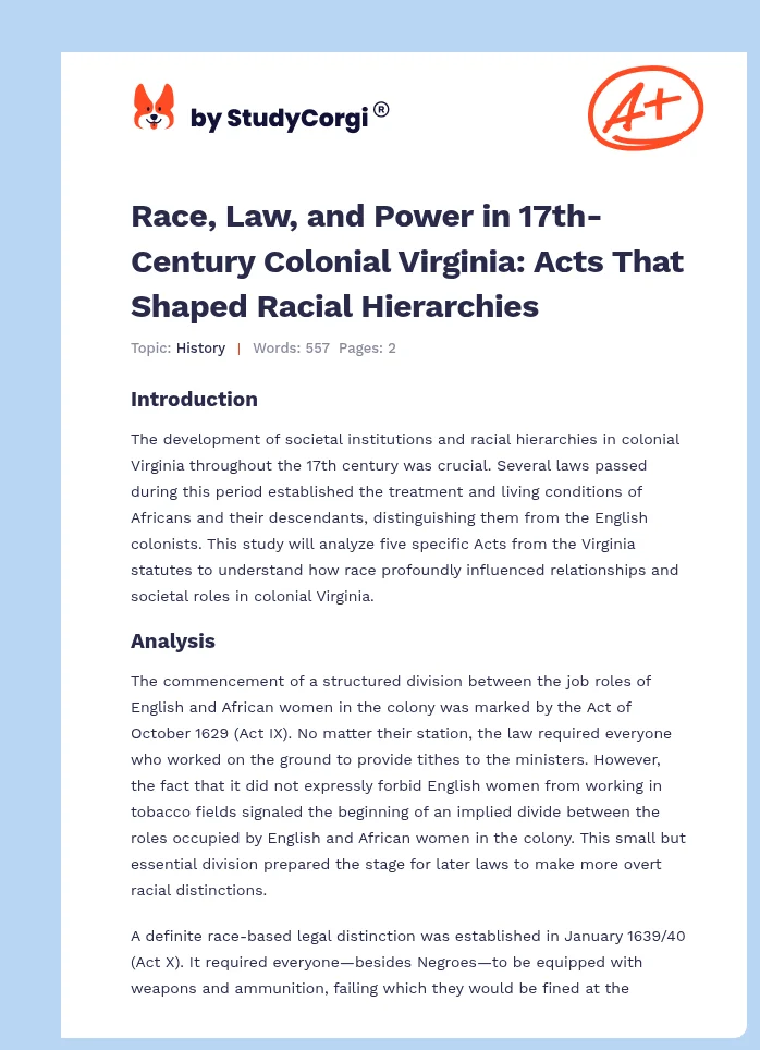 Race, Law, and Power in 17th-Century Colonial Virginia: Acts That Shaped Racial Hierarchies. Page 1