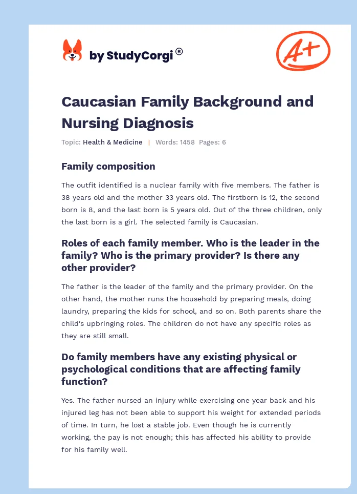 Caucasian Family Background and Nursing Diagnosis. Page 1