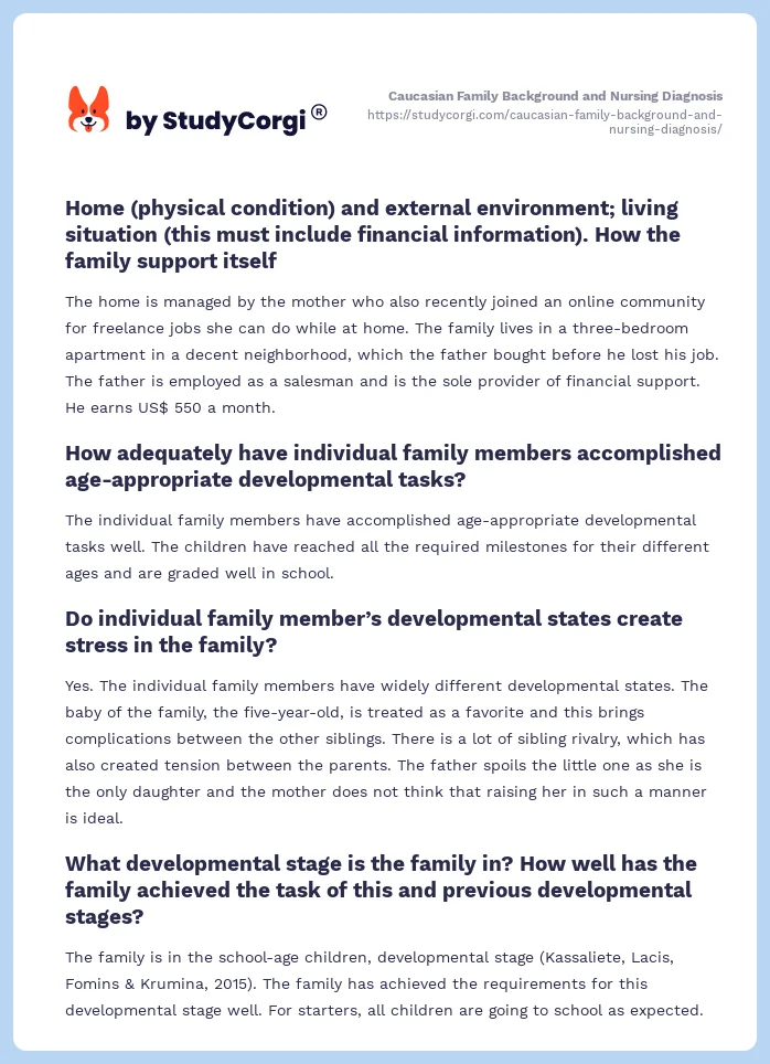 Caucasian Family Background and Nursing Diagnosis. Page 2