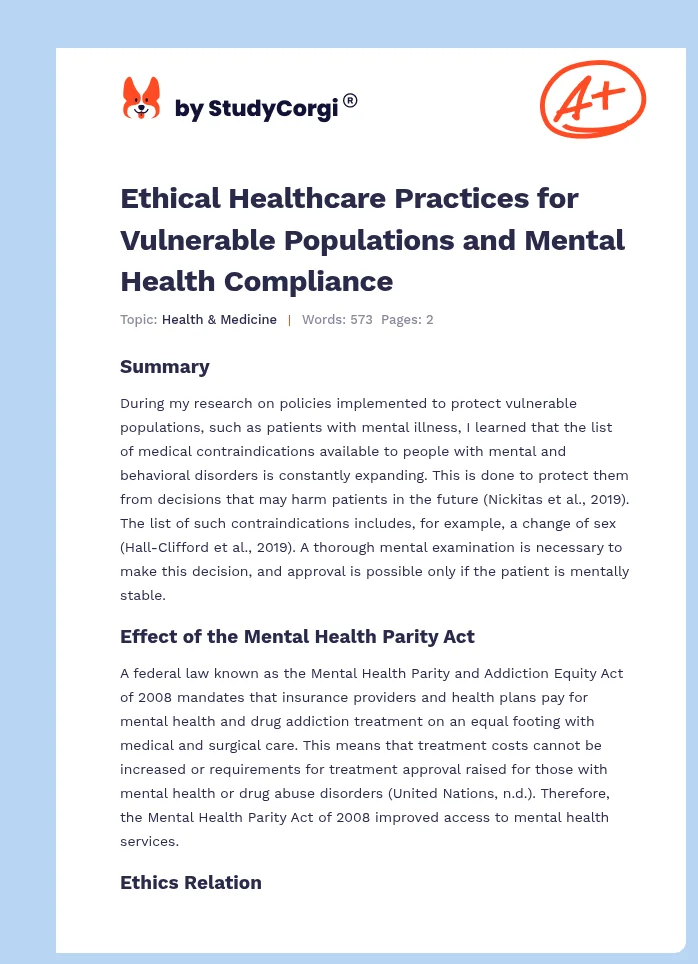 Ethical Healthcare Practices for Vulnerable Populations and Mental Health Compliance. Page 1