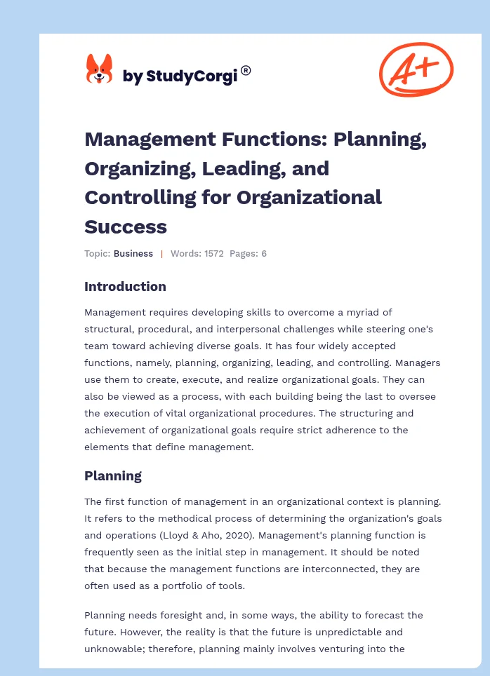 Management Functions: Planning, Organizing, Leading, and Controlling for Organizational Success. Page 1