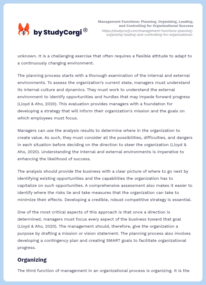 Management Functions: Planning, Organizing, Leading, and Controlling for Organizational Success. Page 2