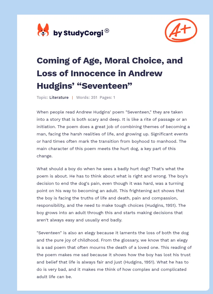 Coming of Age, Moral Choice, and Loss of Innocence in Andrew Hudgins’ “Seventeen”. Page 1