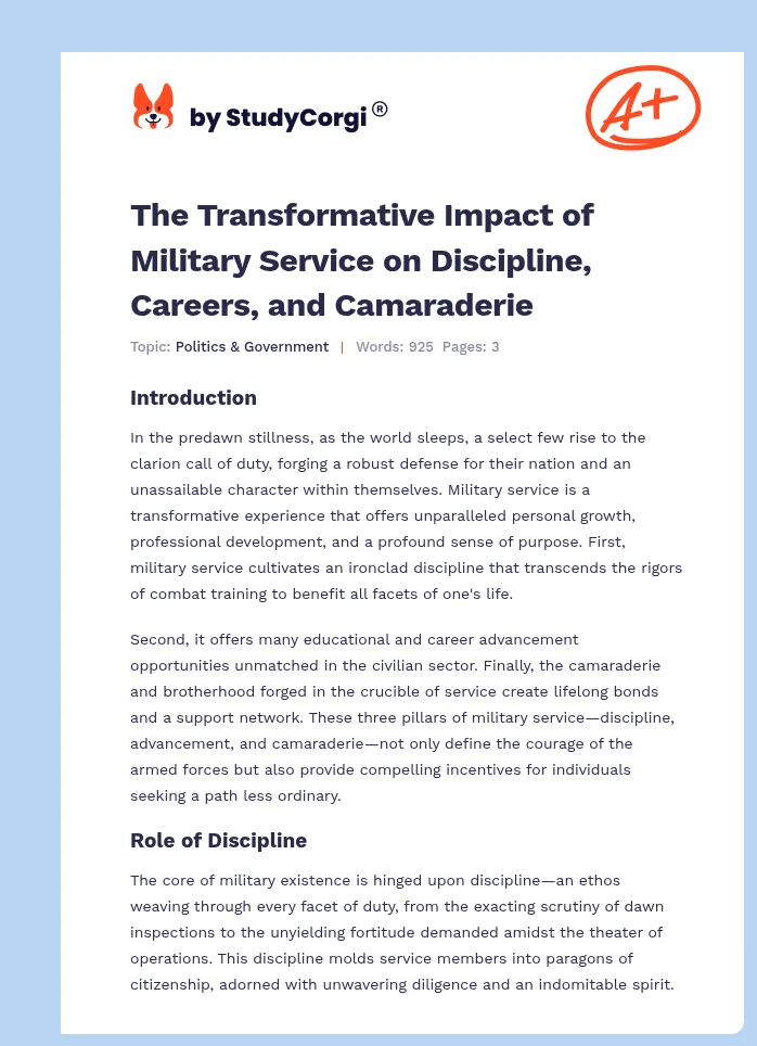 The Transformative Impact of Military Service on Discipline, Careers, and Camaraderie. Page 1