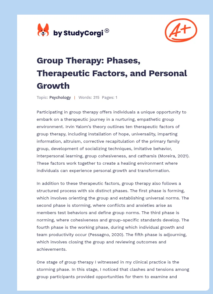 Group Therapy: Phases, Therapeutic Factors, and Personal Growth. Page 1