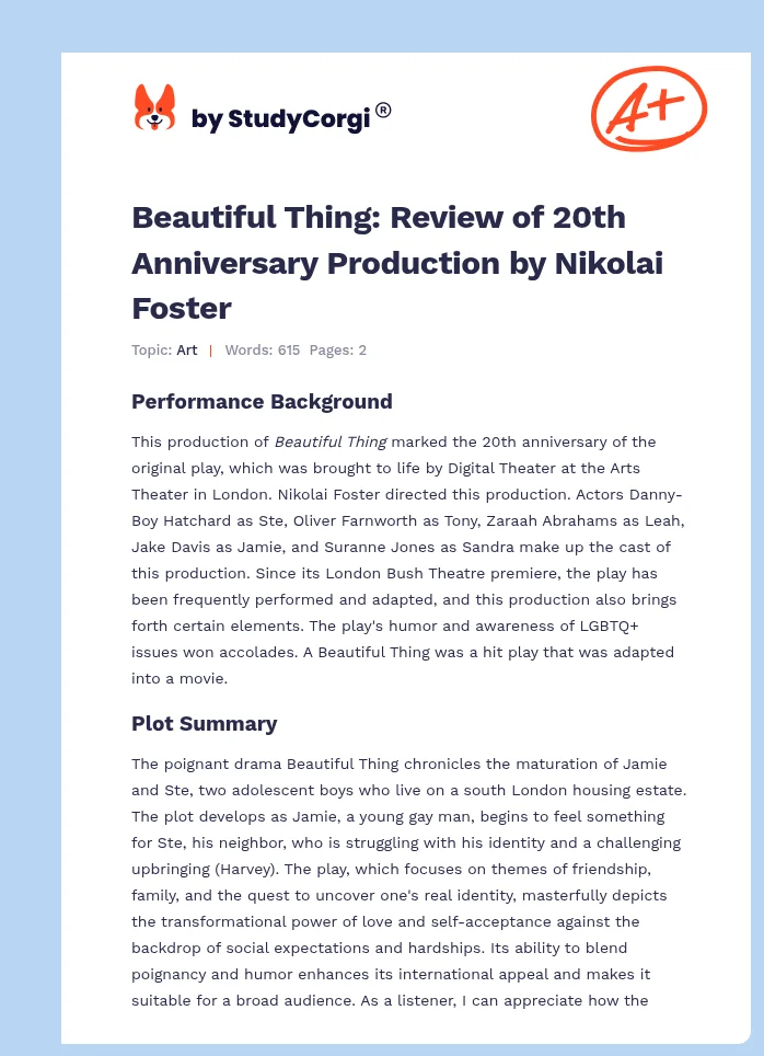 Beautiful Thing: Review of 20th Anniversary Production by Nikolai Foster. Page 1