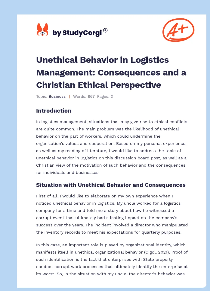 Unethical Behavior in Logistics Management: Consequences and a Christian Ethical Perspective. Page 1