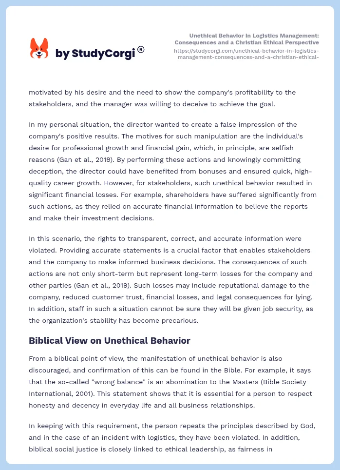 Unethical Behavior in Logistics Management: Consequences and a Christian Ethical Perspective. Page 2