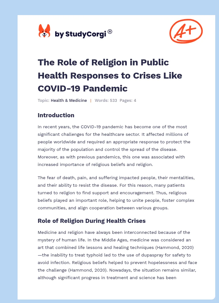The Role of Religion in Public Health Responses to Crises Like COVID-19 Pandemic. Page 1