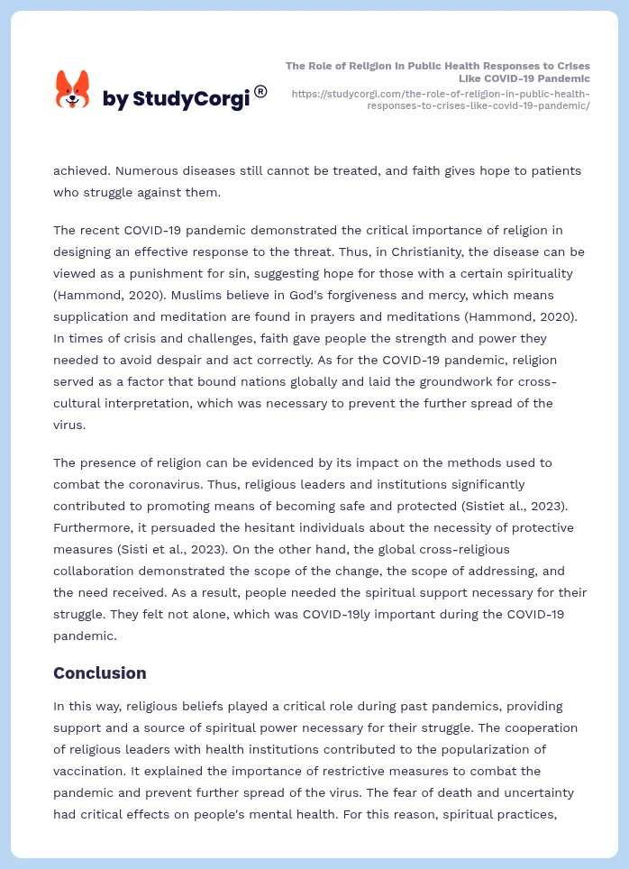 The Role of Religion in Public Health Responses to Crises Like COVID-19 Pandemic. Page 2