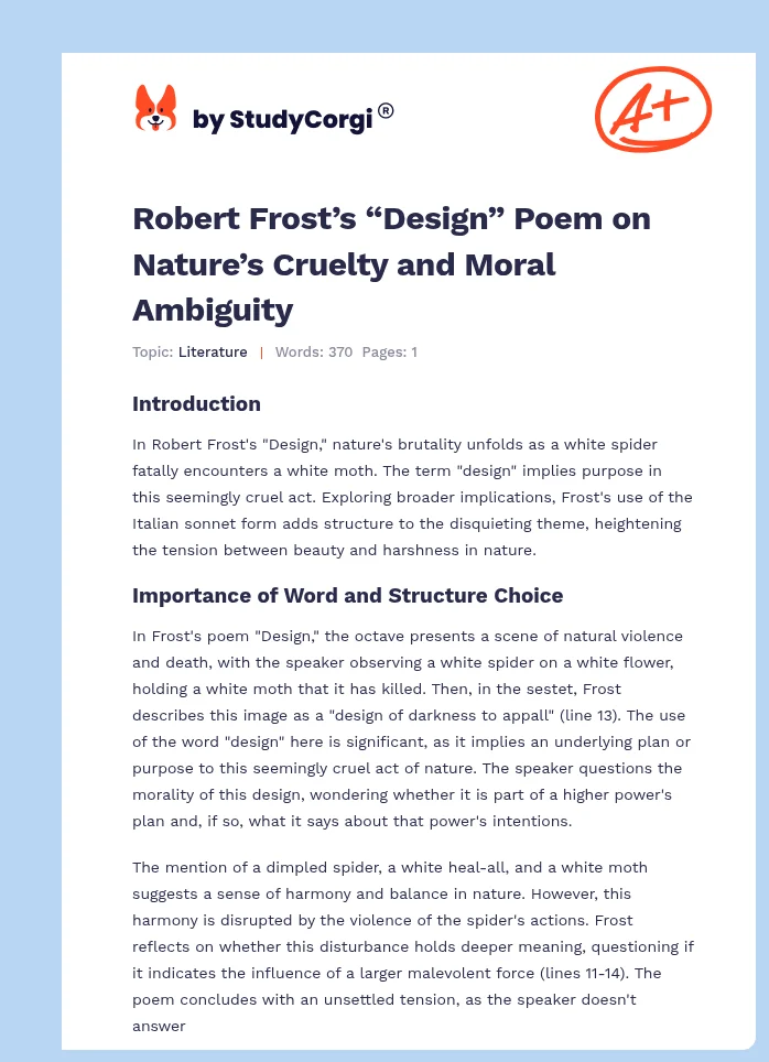 Robert Frost’s “Design” Poem on Nature’s Cruelty and Moral Ambiguity. Page 1