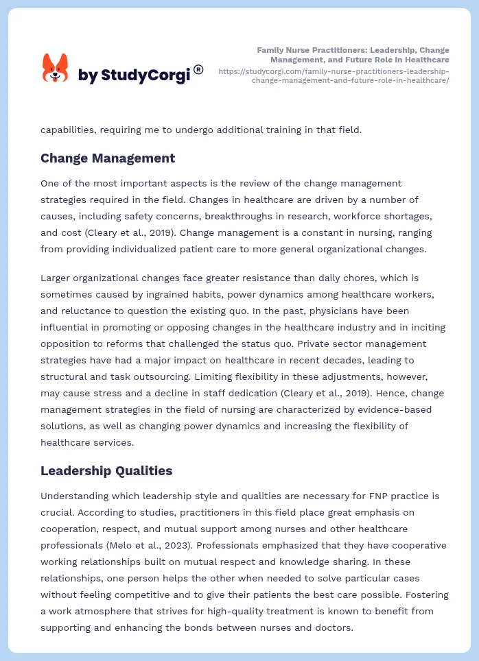 Family Nurse Practitioners: Leadership, Change Management, and Future Role in Healthcare. Page 2