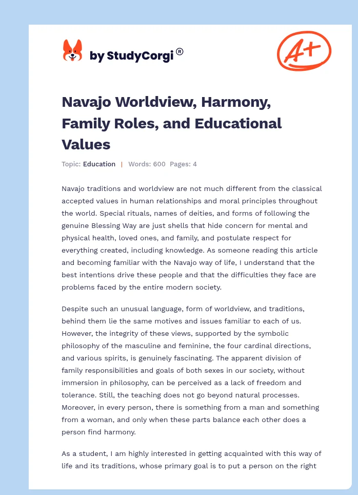 Navajo Worldview, Harmony, Family Roles, and Educational Values. Page 1