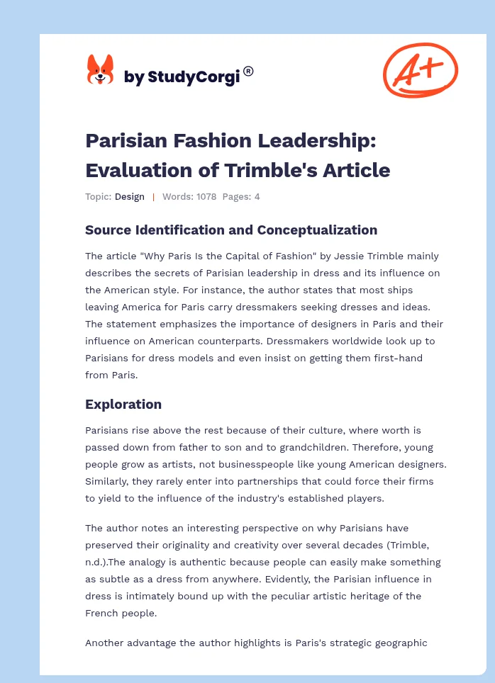 Parisian Fashion Leadership: Evaluation of Trimble's Article. Page 1