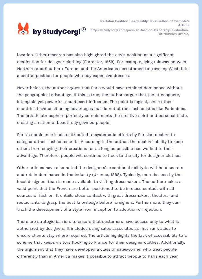 Parisian Fashion Leadership: Evaluation of Trimble's Article. Page 2