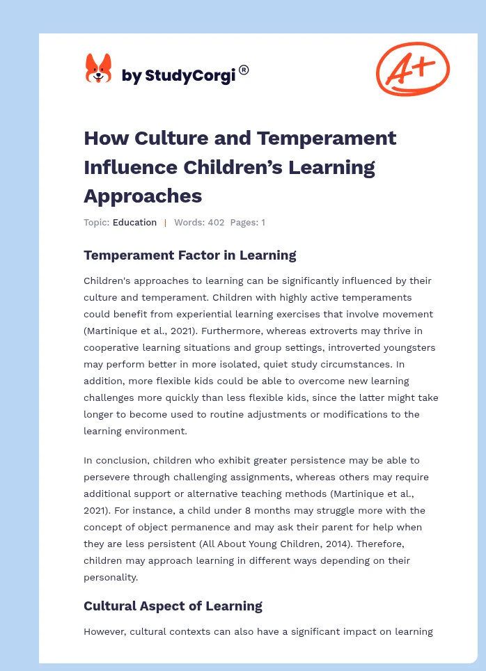 How Culture and Temperament Influence Children’s Learning Approaches. Page 1
