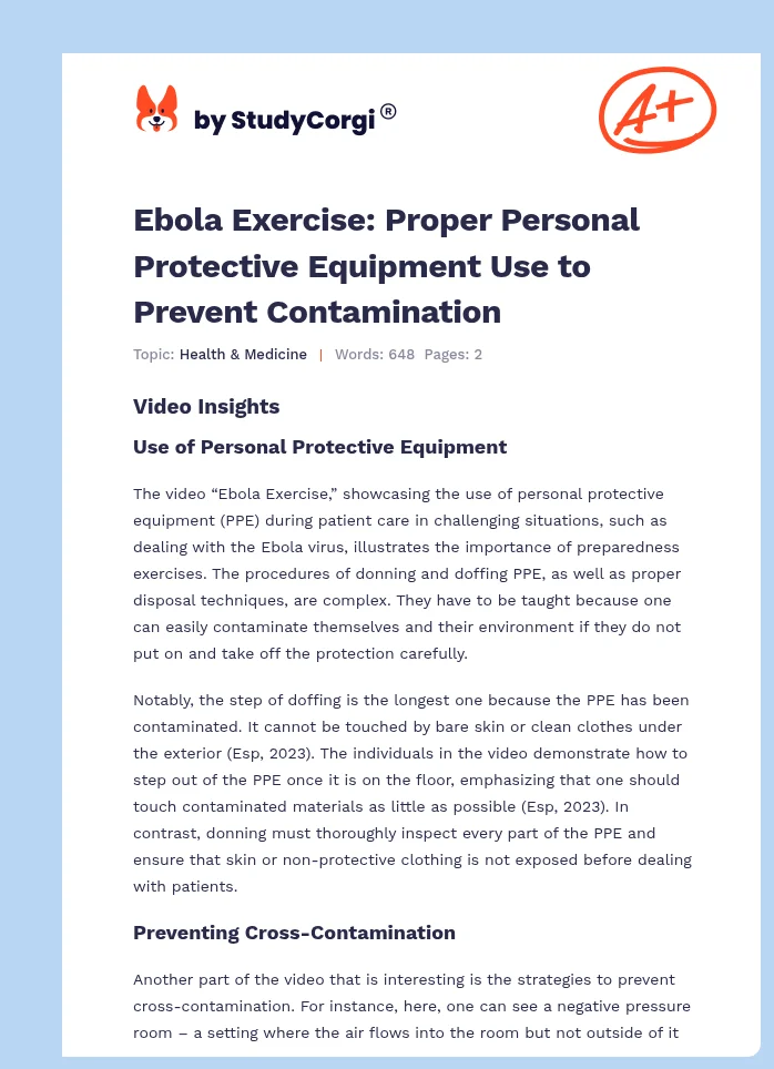 Ebola Exercise: Proper Personal Protective Equipment Use to Prevent Contamination. Page 1