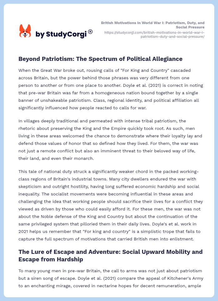 British Motivations in World War I: Patriotism, Duty, and Social Pressure. Page 2