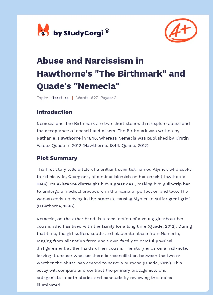 Abuse and Narcissism in Hawthorne's "The Birthmark" and Quade's "Nemecia". Page 1