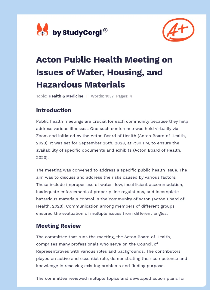 Acton Public Health Meeting on Issues of Water, Housing, and Hazardous Materials. Page 1