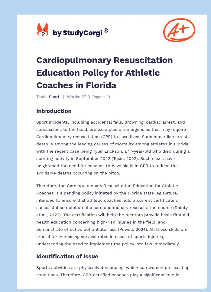 Cardiopulmonary Resuscitation Education Policy for Athletic Coaches in Florida. Page 1