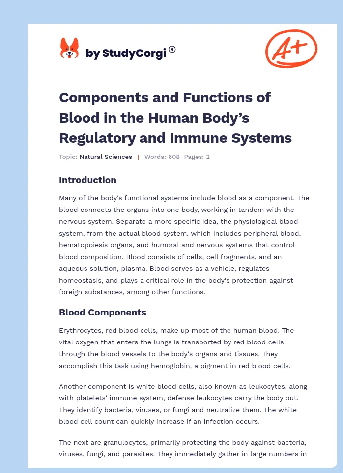 Components and Functions of Blood in the Human Body’s Regulatory and Immune Systems. Page 1