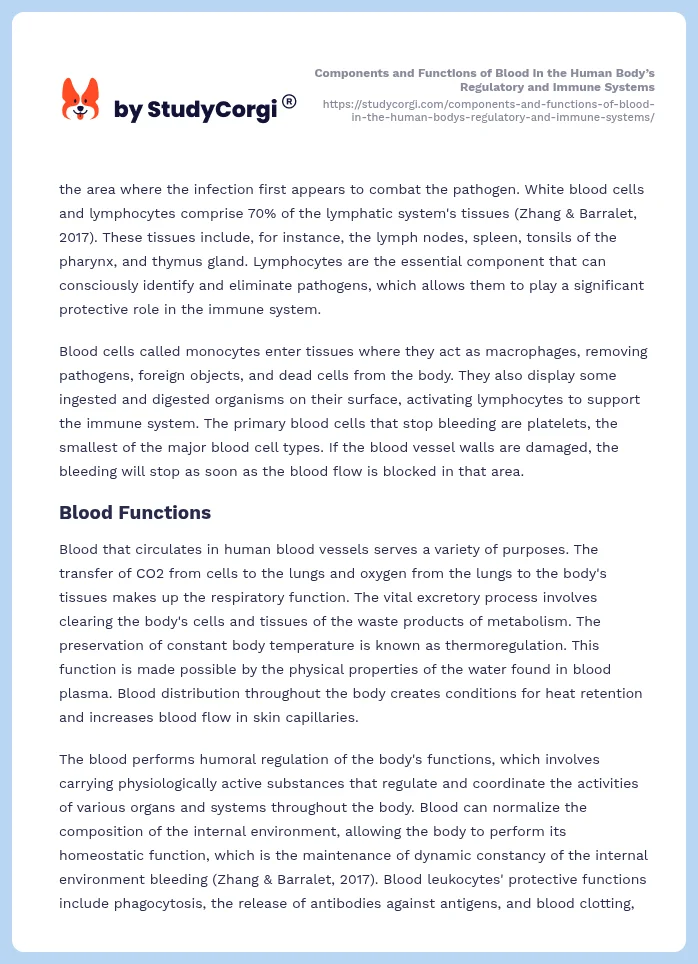 Components and Functions of Blood in the Human Body’s Regulatory and Immune Systems. Page 2