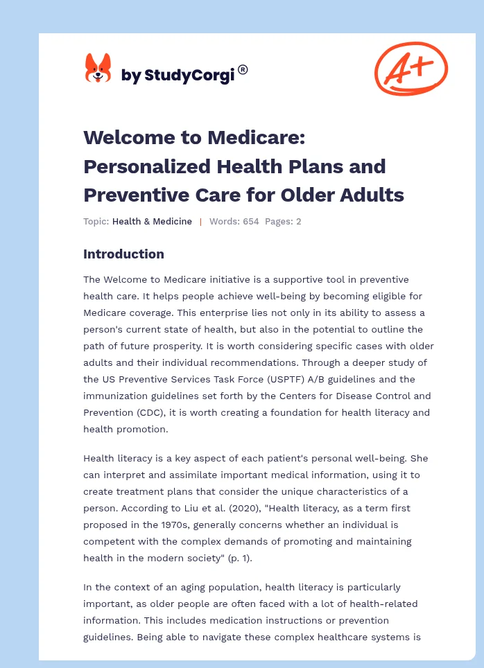 Welcome to Medicare: Personalized Health Plans and Preventive Care for Older Adults. Page 1