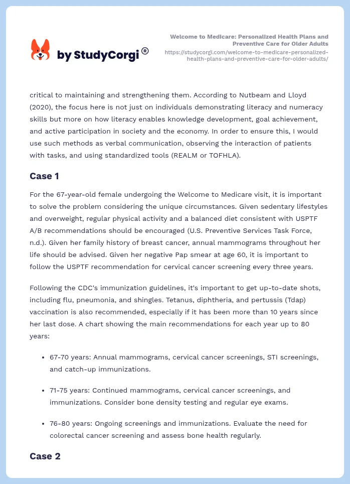 Welcome to Medicare: Personalized Health Plans and Preventive Care for Older Adults. Page 2