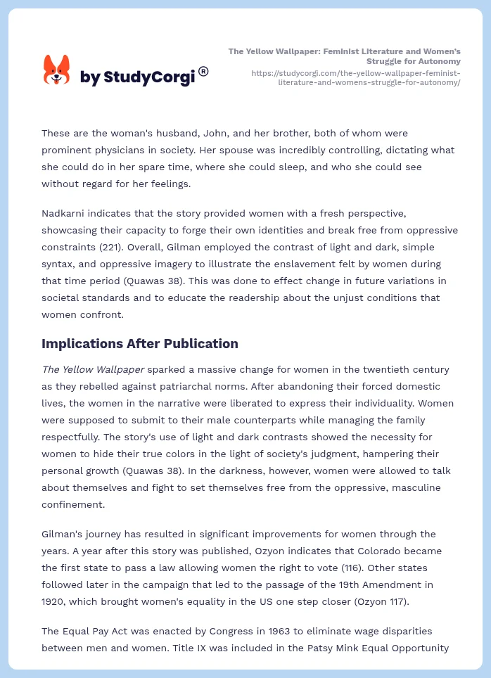The Yellow Wallpaper: Feminist Literature and Women’s Struggle for Autonomy. Page 2