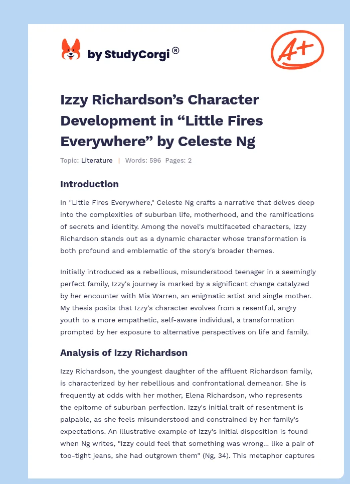 Izzy Richardson’s Character Development in “Little Fires Everywhere” by Celeste Ng. Page 1