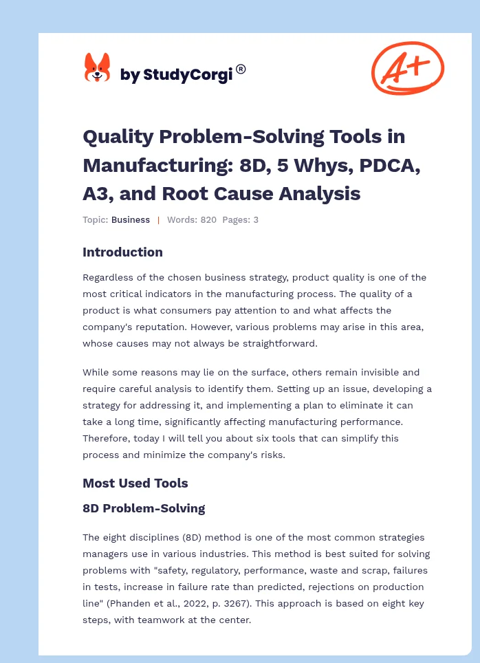 Quality Problem-Solving Tools in Manufacturing: 8D, 5 Whys, PDCA, A3, and Root Cause Analysis. Page 1