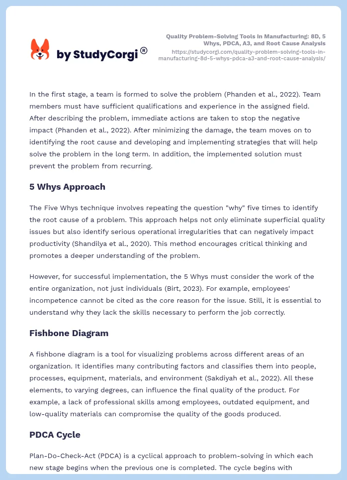 Quality Problem-Solving Tools in Manufacturing: 8D, 5 Whys, PDCA, A3, and Root Cause Analysis. Page 2