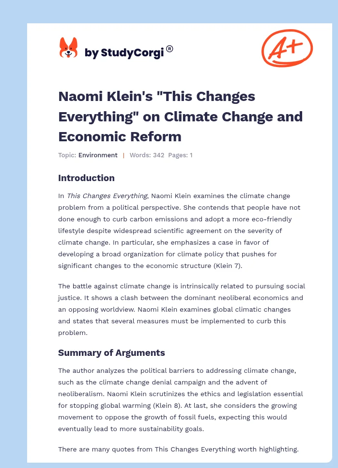 Naomi Klein's "This Changes Everything" on Climate Change and Economic Reform. Page 1