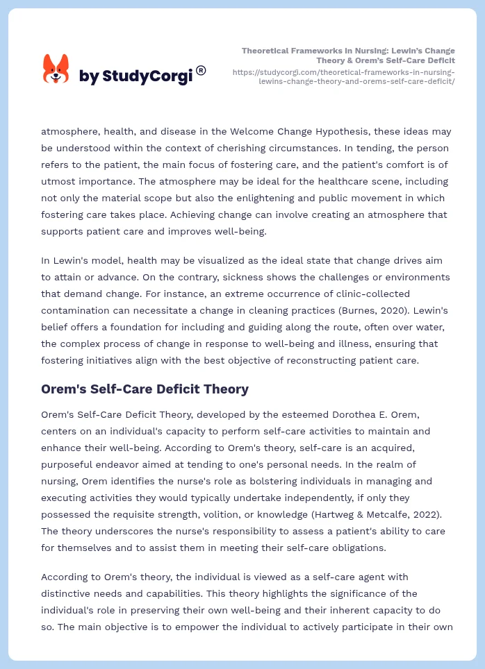Theoretical Frameworks in Nursing: Lewin’s Change Theory & Orem’s Self-Care Deficit. Page 2