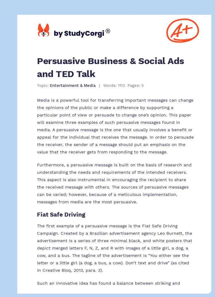 Persuasive Business & Social Ads and TED Talk. Page 1
