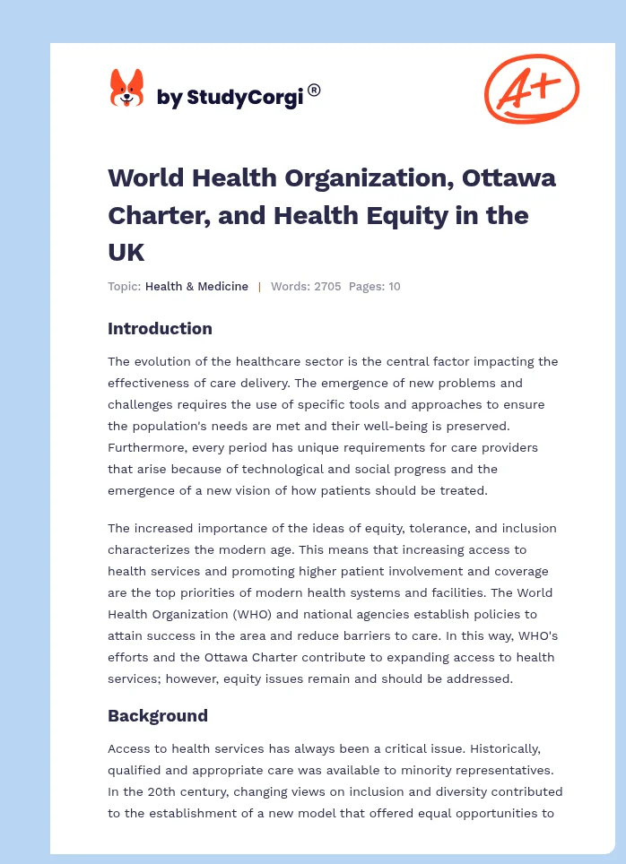 World Health Organization, Ottawa Charter, and Health Equity in the UK. Page 1