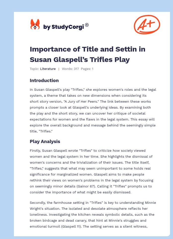 Importance of Title and Settin in Susan Glaspell’s Trifles Play. Page 1