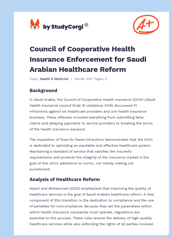 Council of Cooperative Health Insurance Enforcement for Saudi Arabian Healthcare Reform. Page 1