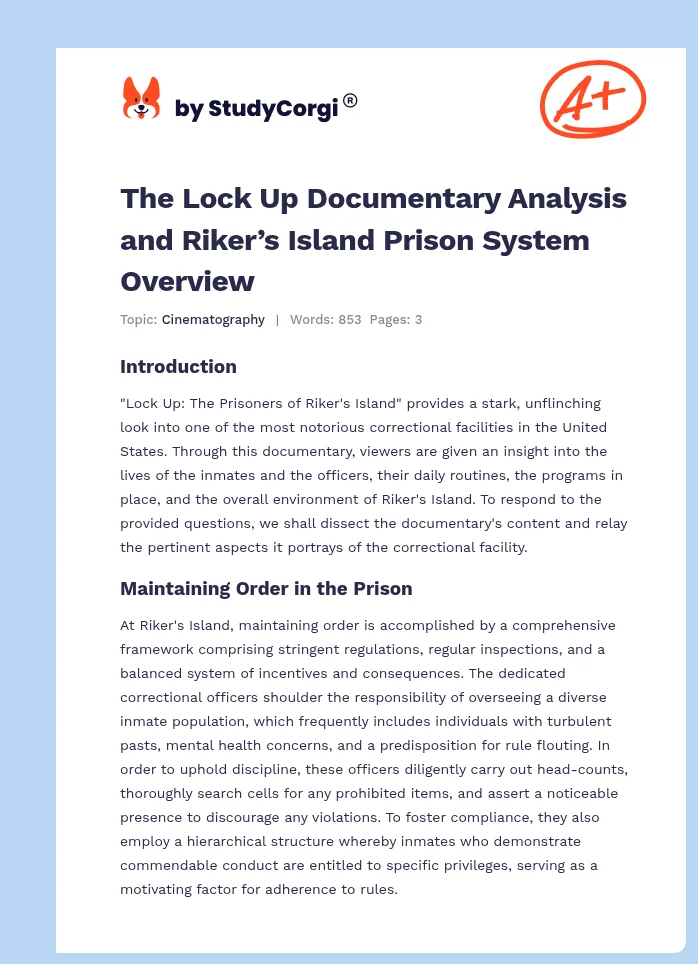 The Lock Up Documentary Analysis and Riker’s Island Prison System Overview. Page 1