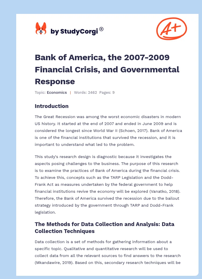 Bank of America, the 2007-2009 Financial Crisis, and Governmental Response. Page 1