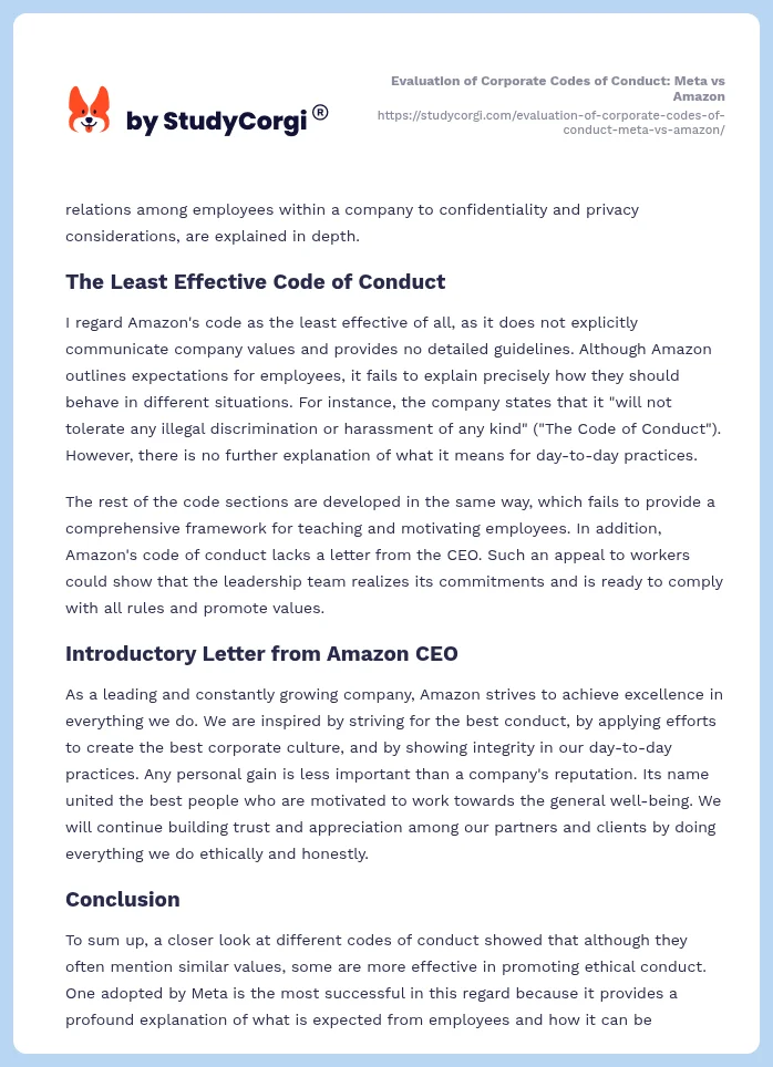 Evaluation of Corporate Codes of Conduct: Meta vs Amazon. Page 2