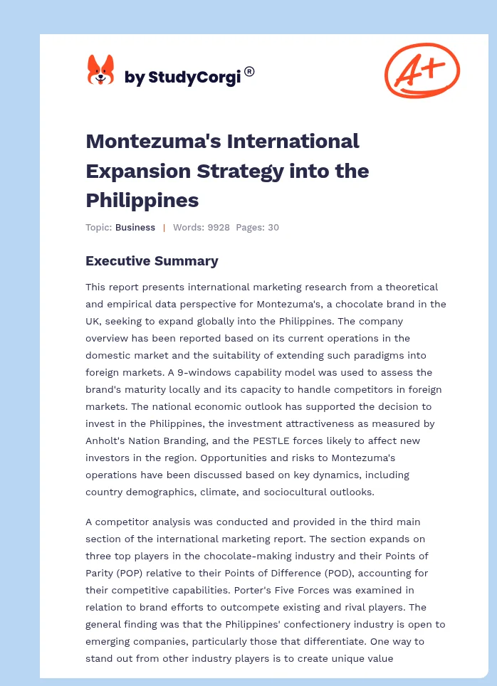 Montezuma's International Expansion Strategy into the Philippines. Page 1